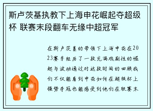 斯卢茨基执教下上海申花崛起夺超级杯 联赛末段翻车无缘中超冠军